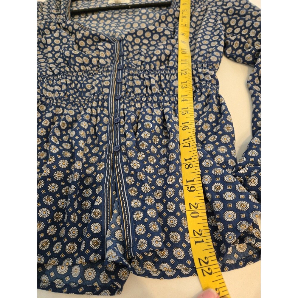 Max Studio Size L Blue Geo Print Smocked Waist V-Neck Long Sleeve Blouse Top - Picture 10 of 12